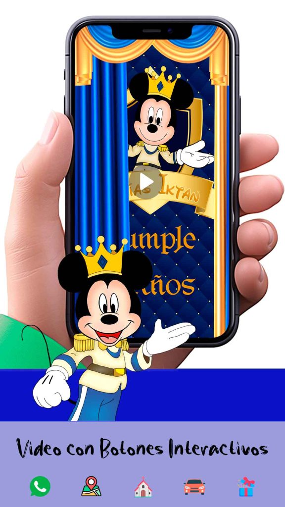 Es momento de sorprender a tus invitados con esta video invitación digital web de mickey mouse rey para cumpleaños, sin o con botones interactivos en la invitación digital.
