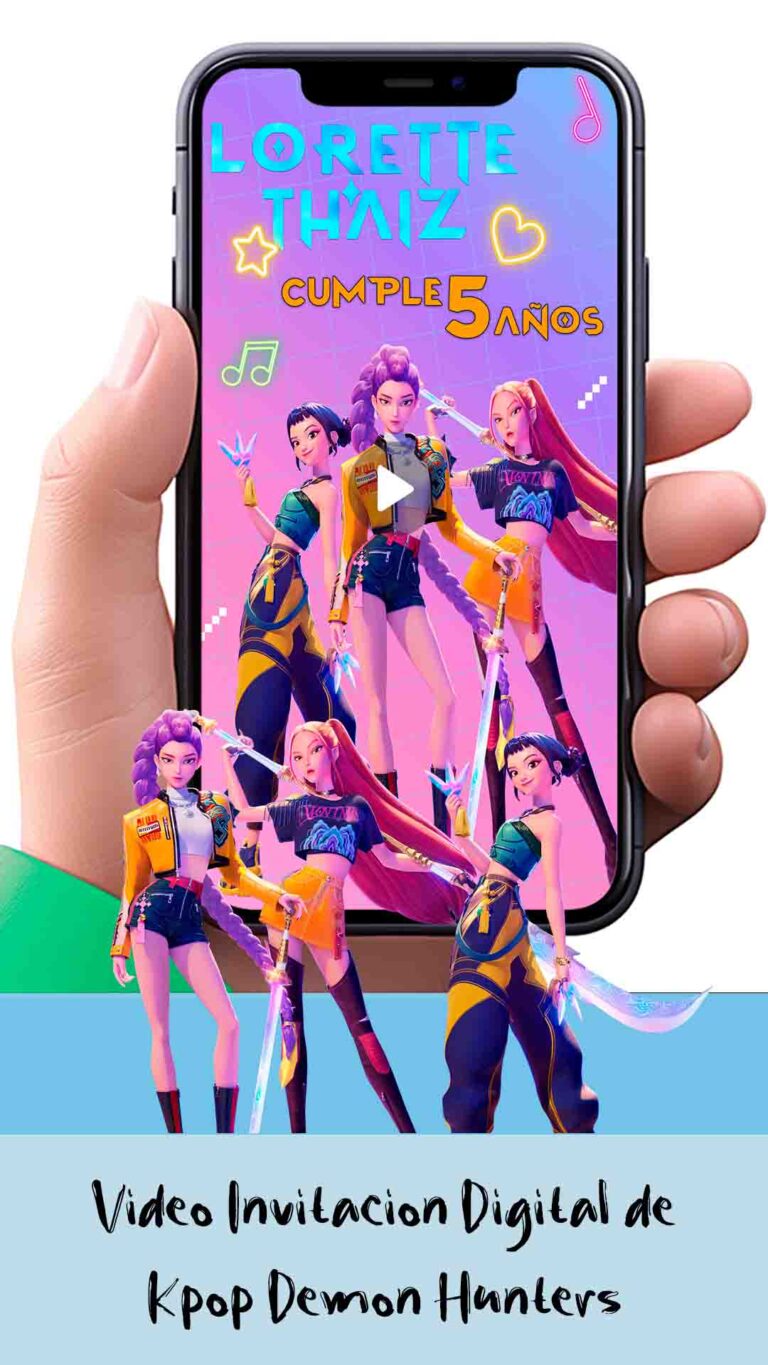 Es momento de sorprender a tus invitados con esta video invitación digital web de kpop demon hunters para cumpleaños, sin o con botones interactivos en la invitación digital.