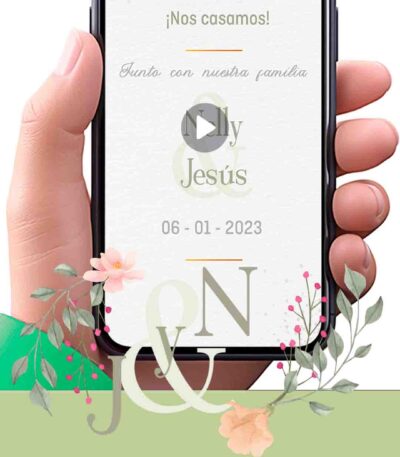 Es momento de sorprender a tus invitados con esta video invitación digital web floral verde dorado para boda, sin o con botones interactivos en la invitación digital.