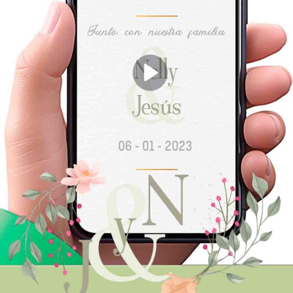 Es momento de sorprender a tus invitados con esta video invitación digital web floral verde dorado para boda, sin o con botones interactivos en la invitación digital.
