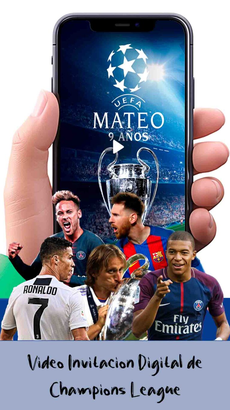 Es momento de sorprender a tus invitados con esta video invitación digital de champions league para cumpleaños, sin o con botones interactivos en la invitación digital.