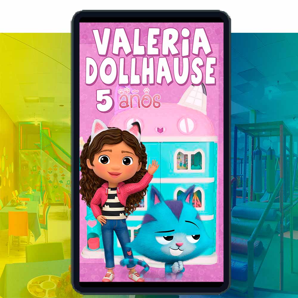 Es momento de sorprender a tus invitados con esta video invitación digital de la casa de muñecas de Gabby para cumpleaños, sin o con botones interactivos en la invitación digital.