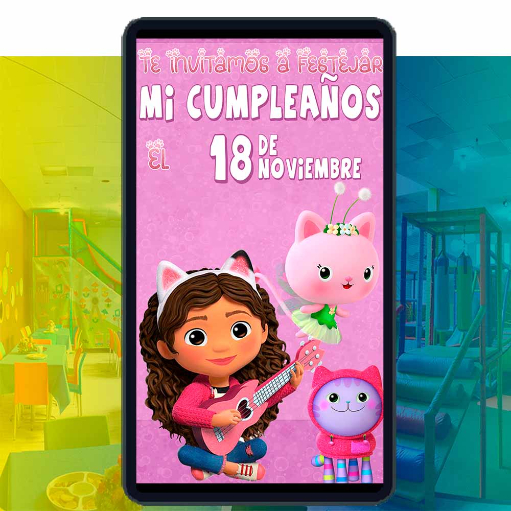 Es momento de sorprender a tus invitados con esta video invitación digital de la casa de muñecas de Gabby para cumpleaños, sin o con botones interactivos en la invitación digital.