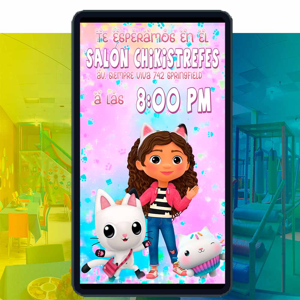 Es momento de sorprender a tus invitados con esta video invitación digital de la casa de muñecas de Gabby para cumpleaños, sin o con botones interactivos en la invitación digital.