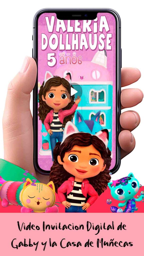 Es momento de sorprender a tus invitados con esta video invitación digital de la casa de muñecas de Gabby para cumpleaños, sin o con botones interactivos en la invitación digital.