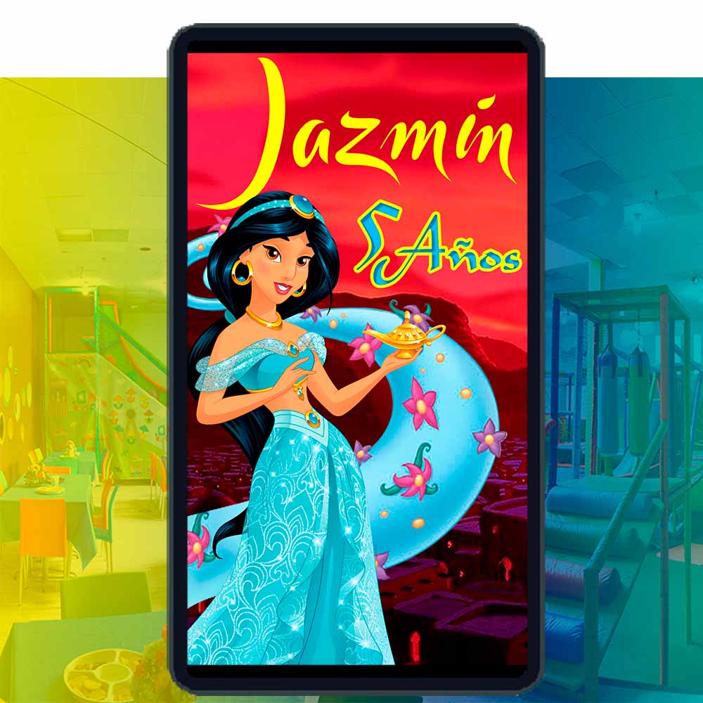 Es momento de sorprender a tus invitados con esta video invitación digital de Jazmín de Aladdín para cumpleaños, sin o con botones interactivos en la invitación digital.