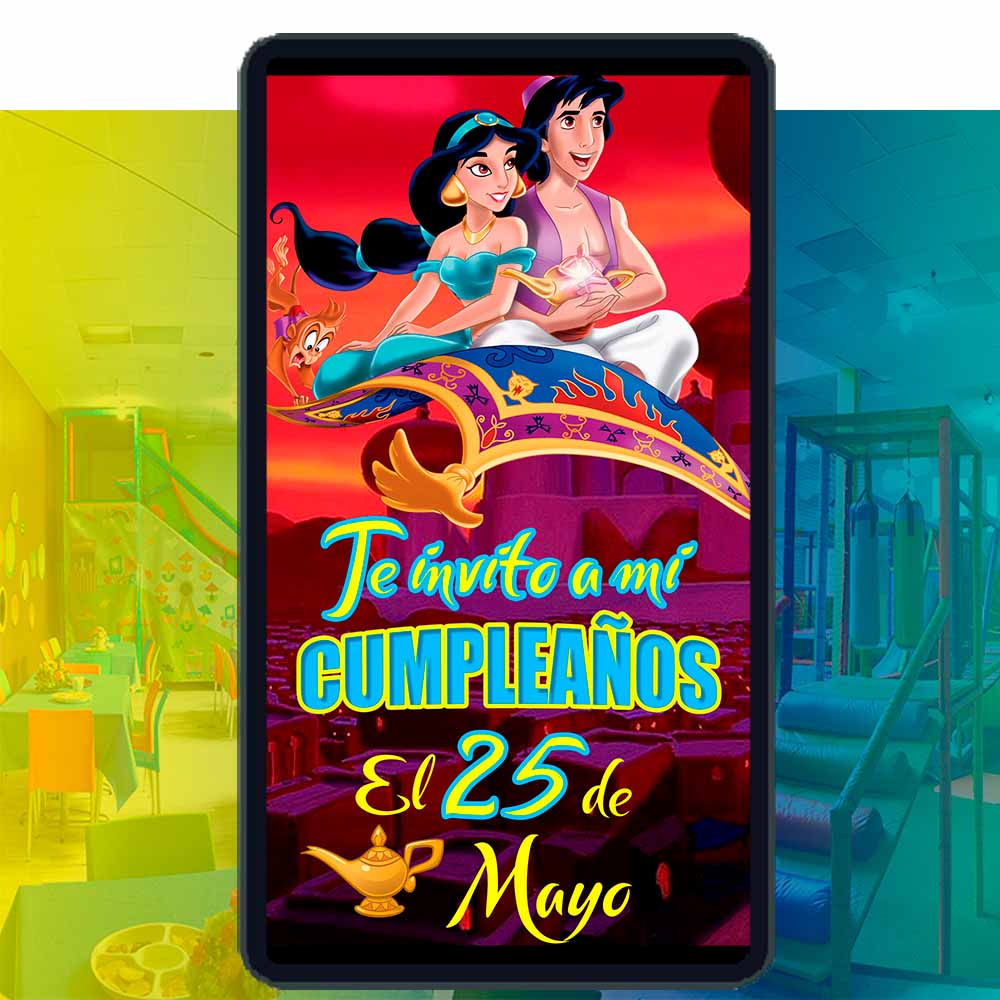 Es momento de sorprender a tus invitados con esta video invitación digital de Jazmín de Aladdín para cumpleaños, sin o con botones interactivos en la invitación digital.