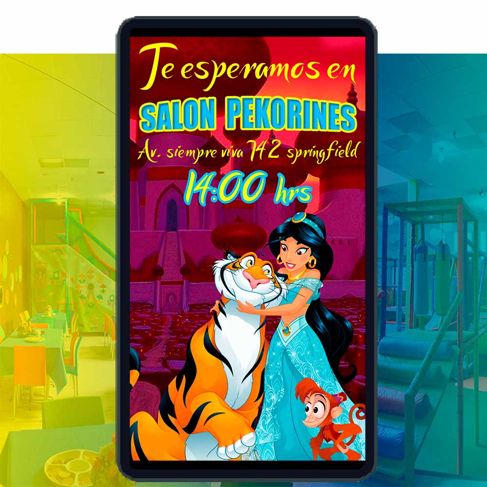 Es momento de sorprender a tus invitados con esta video invitación digital de Jazmín de Aladdín para cumpleaños, sin o con botones interactivos en la invitación digital.