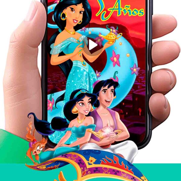 Es momento de sorprender a tus invitados con esta video invitación digital de Jazmín de Aladdín para cumpleaños, sin o con botones interactivos en la invitación digital.