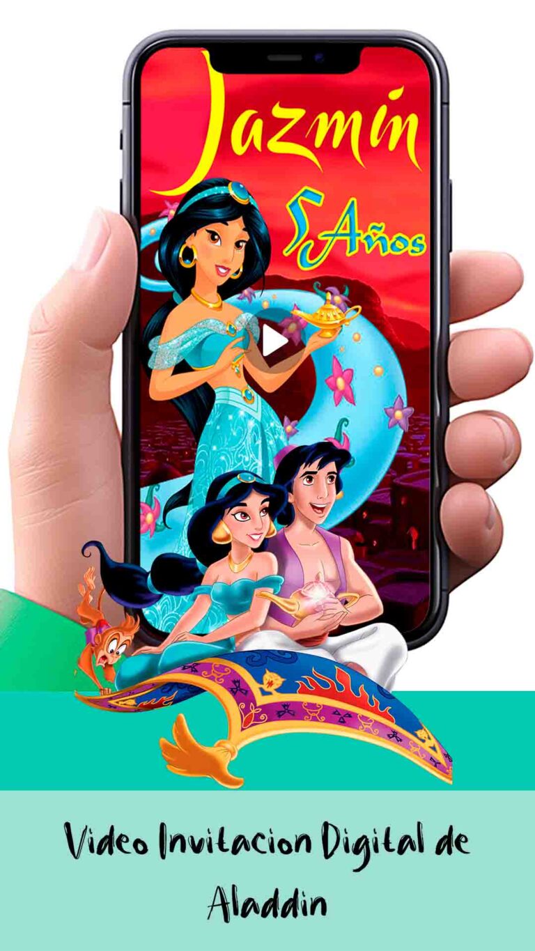 Es momento de sorprender a tus invitados con esta video invitación digital de Jazmín de Aladdín para cumpleaños, sin o con botones interactivos en la invitación digital.