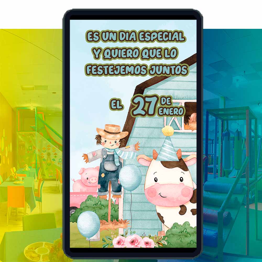 Es momento de sorprender a tus invitados con esta video invitación digital de animales de la granja niño para cumpleaños, sin o con botones interactivos en la invitación digital.