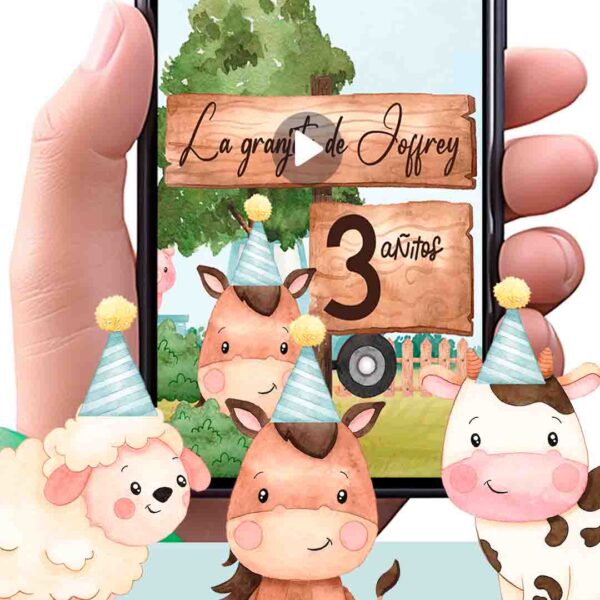 Es momento de sorprender a tus invitados con esta video invitación digital de animales de la granja niño para cumpleaños, sin o con botones interactivos en la invitación digital.