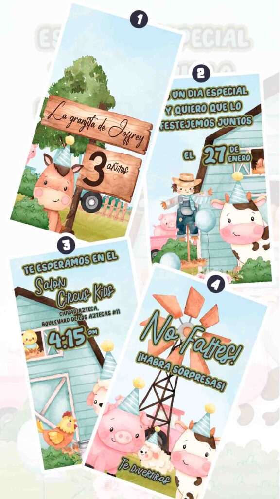 Es momento de sorprender a tus invitados con esta video invitación digital de animales de la granja niño para cumpleaños, sin o con botones interactivos en la invitación digital.