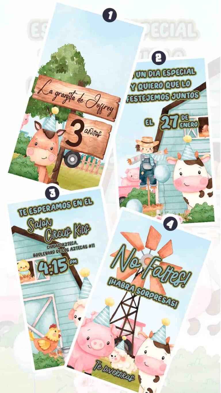 Es momento de sorprender a tus invitados con esta video invitación digital de animales de la granja niño para cumpleaños, sin o con botones interactivos en la invitación digital.