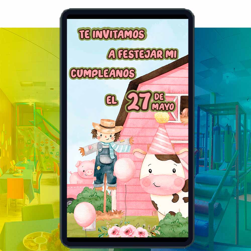 Es momento de sorprender a tus invitados con esta video invitación digital de animales de la granja rosa para cumpleaños, sin o con botones interactivos en la invitación digital.