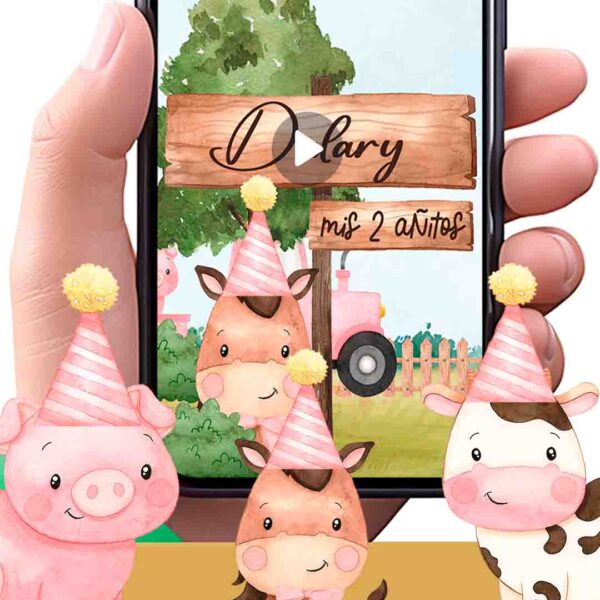 Es momento de sorprender a tus invitados con esta video invitación digital de animales de la granja rosa para cumpleaños, sin o con botones interactivos en la invitación digital.