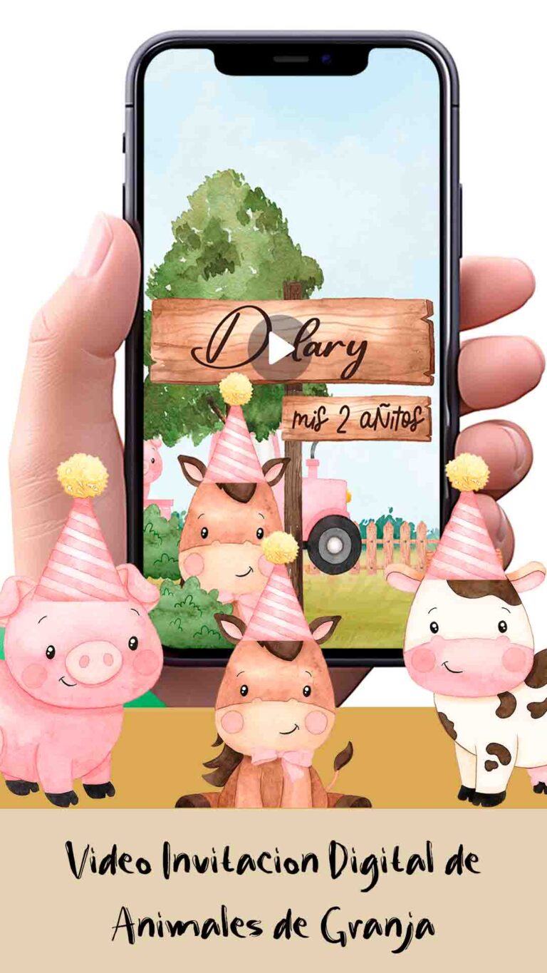 Es momento de sorprender a tus invitados con esta video invitación digital de animales de la granja rosa para cumpleaños, sin o con botones interactivos en la invitación digital.