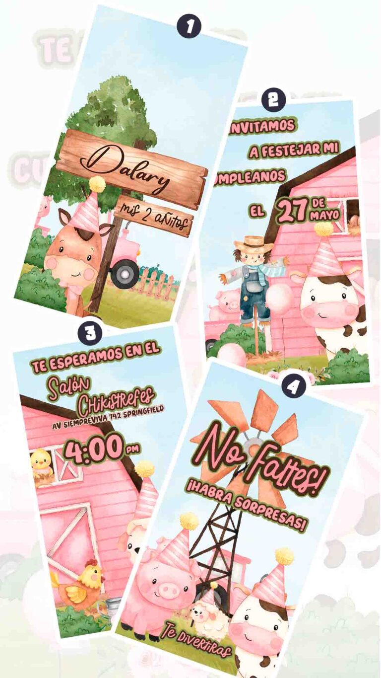 Es momento de sorprender a tus invitados con esta video invitación digital de animales de la granja rosa para cumpleaños, sin o con botones interactivos en la invitación digital.
