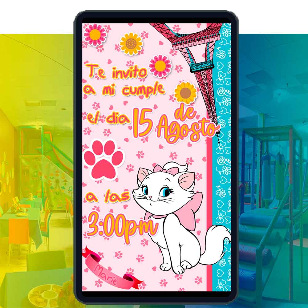 Es momento de sorprender a tus invitados con esta video invitación digital de marie aristogatos para cumpleaños, sin o con botones interactivos en la invitación digital.