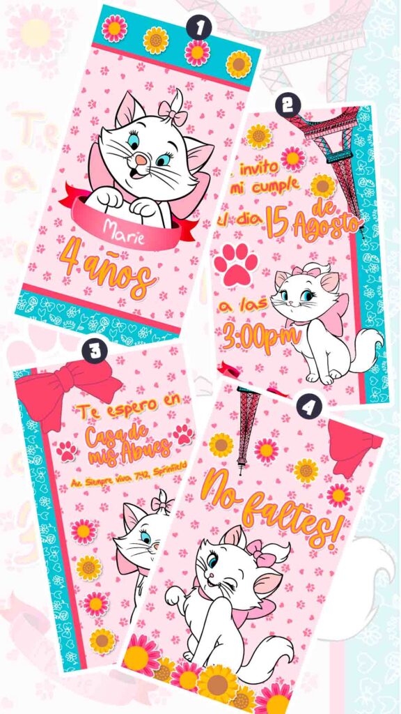 Es momento de sorprender a tus invitados con esta video invitación digital de marie aristogatos para cumpleaños, sin o con botones interactivos en la invitación digital.