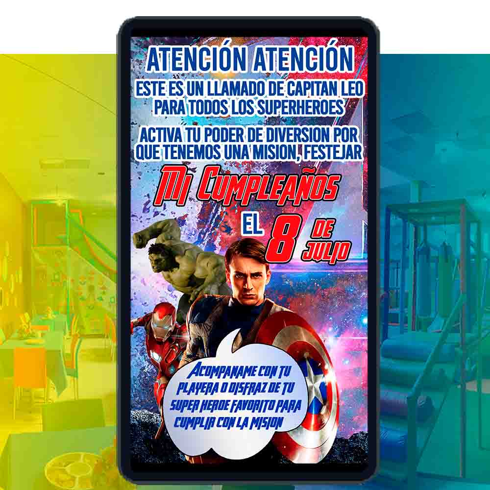 Es momento de sorprender a tus invitados con esta video invitación digital de avengers capitán américa para cumpleaños, sin o con botones interactivos en la invitación digital.