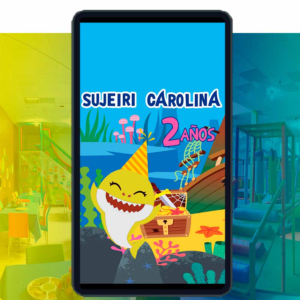 Es momento de sorprender a tus invitados con esta video invitación digital de baby shark amarillo para cumpleaños, sin o con botones interactivos en la invitación digital.