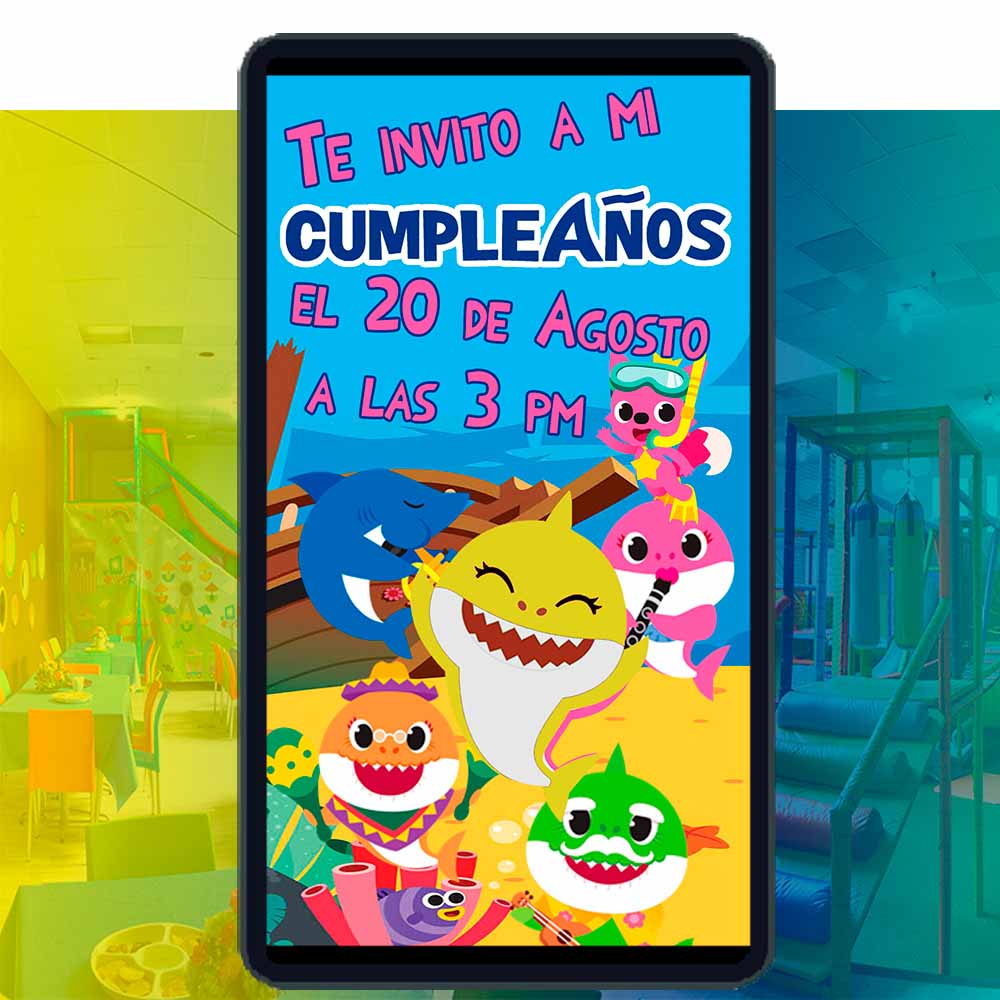 Es momento de sorprender a tus invitados con esta video invitación digital de baby shark amarillo para cumpleaños, sin o con botones interactivos en la invitación digital.