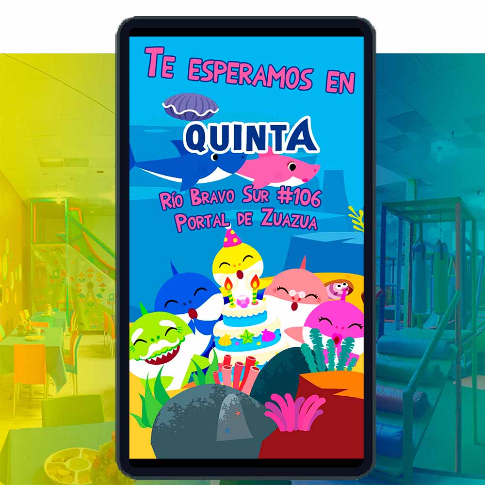 Es momento de sorprender a tus invitados con esta video invitación digital de baby shark amarillo para cumpleaños, sin o con botones interactivos en la invitación digital.