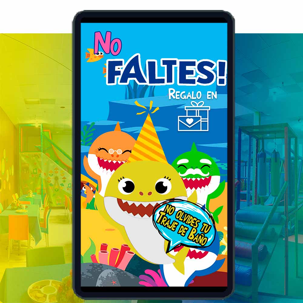 Es momento de sorprender a tus invitados con esta video invitación digital de baby shark amarillo para cumpleaños, sin o con botones interactivos en la invitación digital.