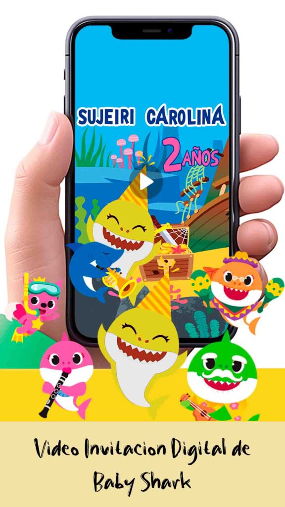 Es momento de sorprender a tus invitados con esta video invitación digital de baby shark amarillo para cumpleaños, sin o con botones interactivos en la invitación digital.