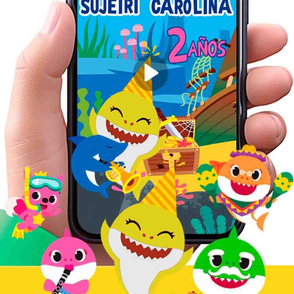 Es momento de sorprender a tus invitados con esta video invitación digital de baby shark amarillo para cumpleaños, sin o con botones interactivos en la invitación digital.