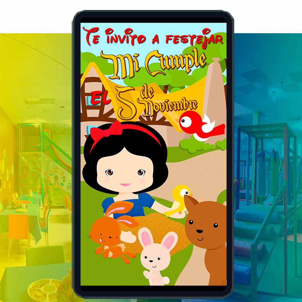 Es momento de sorprender a tus invitados con esta video invitación digital de blanca nieves niña para cumpleaños, sin o con botones interactivos en la invitación digital.