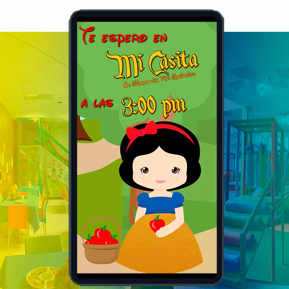 Es momento de sorprender a tus invitados con esta video invitación digital de blanca nieves niña para cumpleaños, sin o con botones interactivos en la invitación digital.
