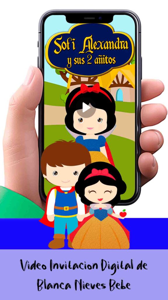 Es momento de sorprender a tus invitados con esta video invitación digital de blanca nieves niña para cumpleaños, sin o con botones interactivos en la invitación digital.