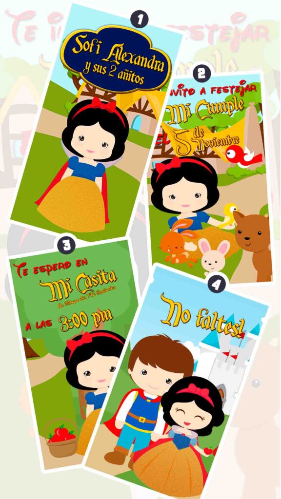 Es momento de sorprender a tus invitados con esta video invitación digital de blanca nieves niña para cumpleaños, sin o con botones interactivos en la invitación digital.