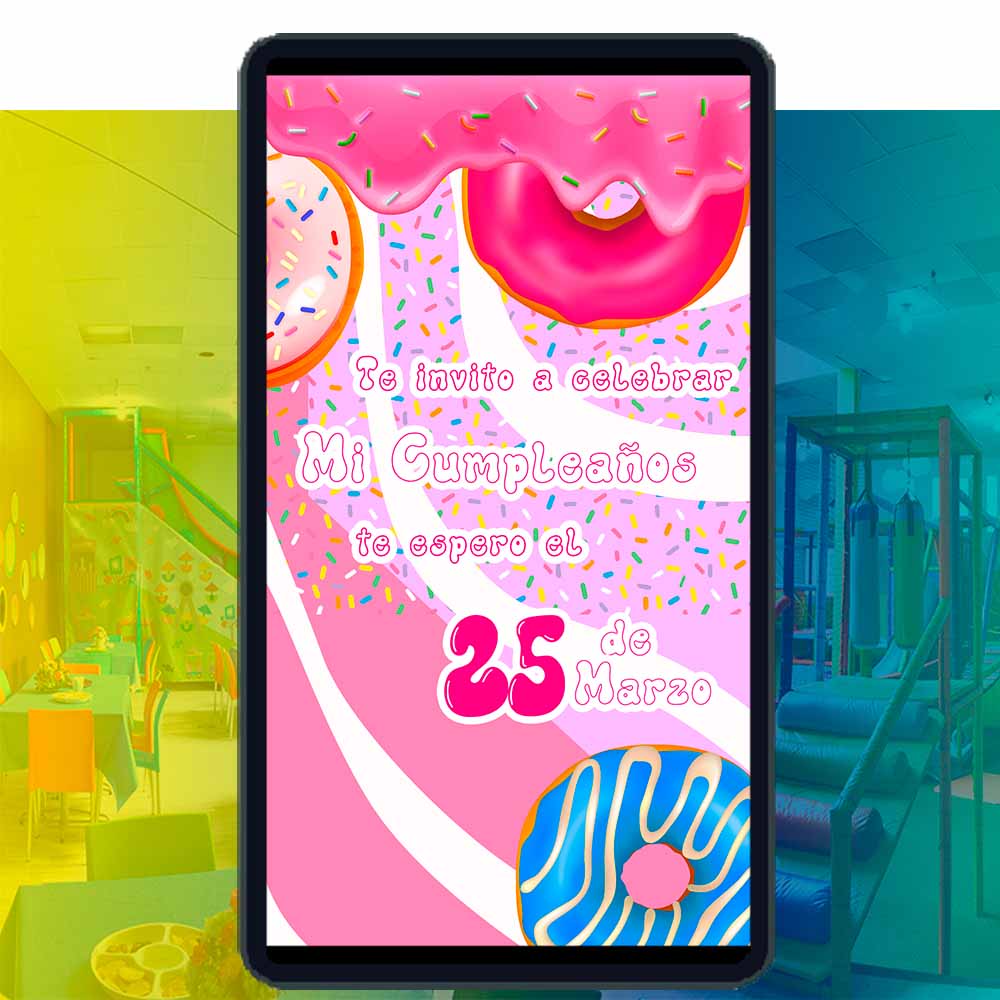 Es momento de sorprender a tus invitados con esta video invitación digital de donas para cumpleaños, sin o con botones interactivos en la invitación digital.