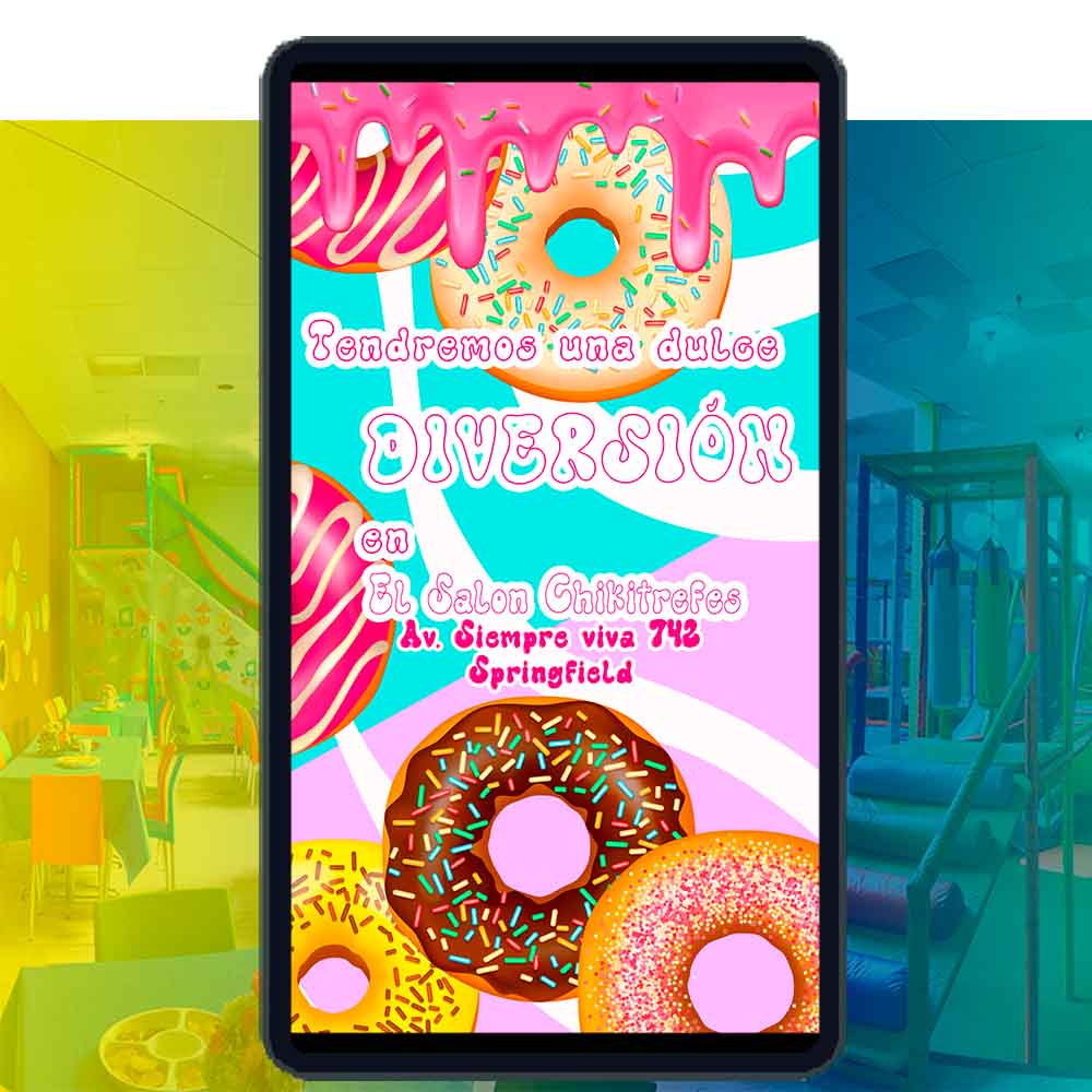Es momento de sorprender a tus invitados con esta video invitación digital de donas para cumpleaños, sin o con botones interactivos en la invitación digital.