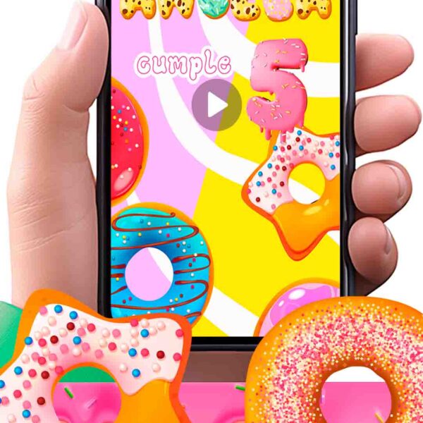 Es momento de sorprender a tus invitados con esta video invitación digital de donas para cumpleaños, sin o con botones interactivos en la invitación digital.