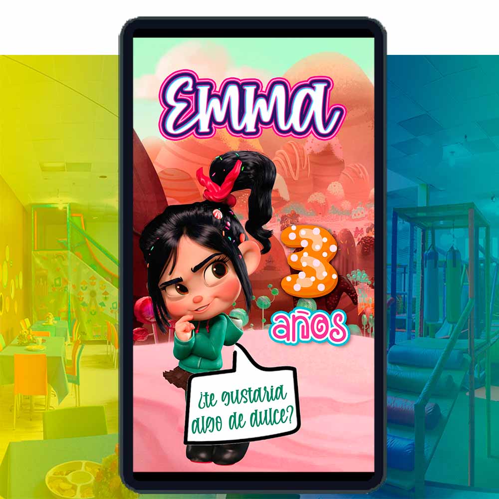 Es momento de sorprender a tus invitados con esta video invitación digital de vanellope para cumpleaños, sin o con botones interactivos en la invitación digital.