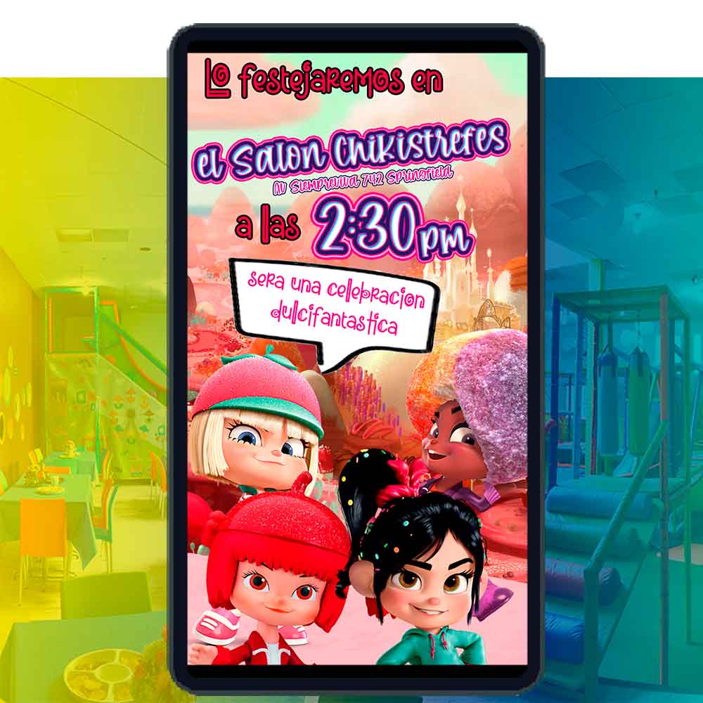 Es momento de sorprender a tus invitados con esta video invitación digital de vanellope para cumpleaños, sin o con botones interactivos en la invitación digital.